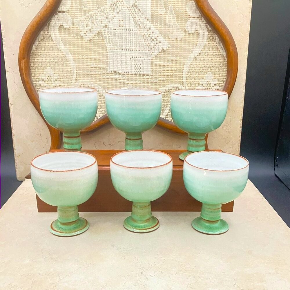 Vintage Set Of 6 Woburn Pottery Small Goblets Wheel Thrown England 1970's Teal